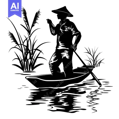 Aset desain premium: Silhouette of a Person in a Boat with a Paddle, Navigating a Body of W