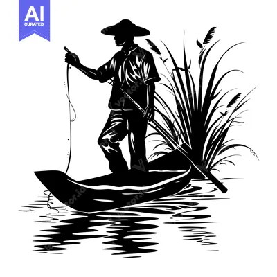 Aset desain premium: Silhouette of a Fisherman in a Boat with a Fishing Rod and Reeds