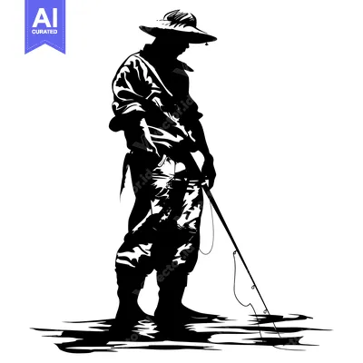 Silhouette of a Fisherman Holding a Rod by the Water