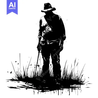 Popular premium asset: Silhouette of a Man in a Hat Standing in Grass and Water