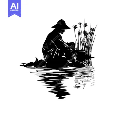 Silhouette of a man sitting by the water, fishing