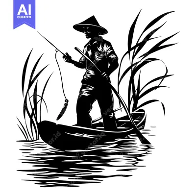 Fisherman in a Boat with a Conical Hat and a Fishing Rod