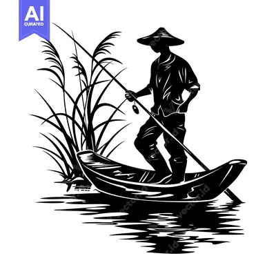 Aset premium populer: Silhouette of a Fisherman in a Boat with a Fishing Rod and Reeds