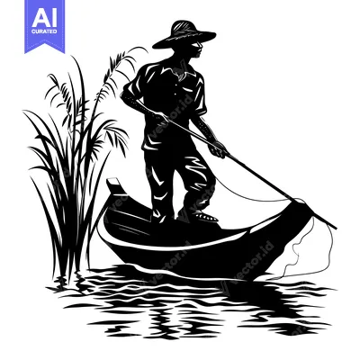 Aset desain premium: Silhouette of a Fisherman in a Boat with a Rod and Reeds