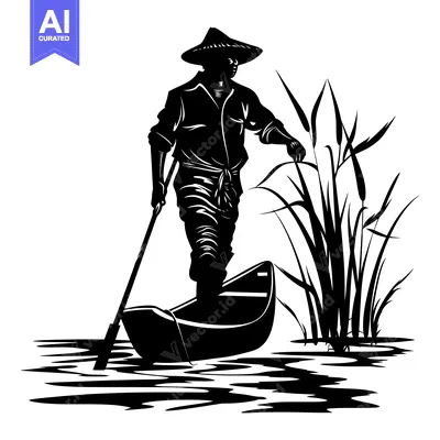 Silhouette of a Man Paddling a Canoe Through Reeds