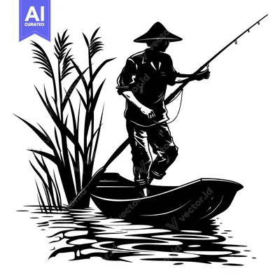 Silhouette of a Fisherman in a Boat with a Fishing Rod and Reeds