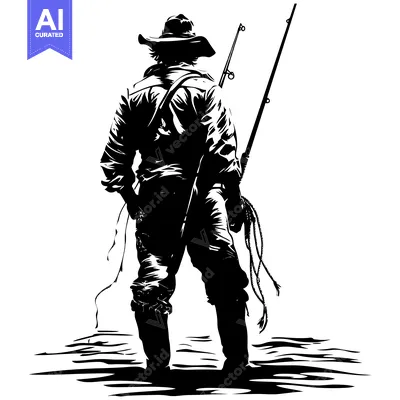 Aset desain premium: Silhouette of a Fisherman with a Fishing Rod