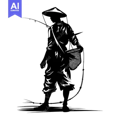Aset premium populer: Silhouette of a Fisherman with a Hat and a Fishing Net