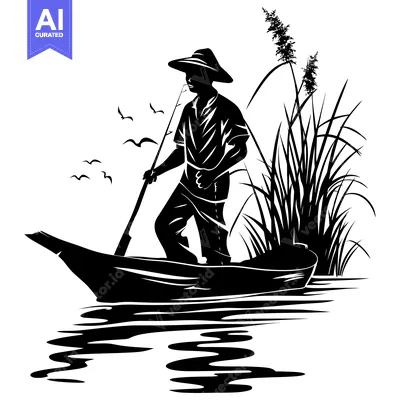 Aset premium populer: Silhouette of a Fisherman in a Boat with a Fishing Rod and Birds Flyin