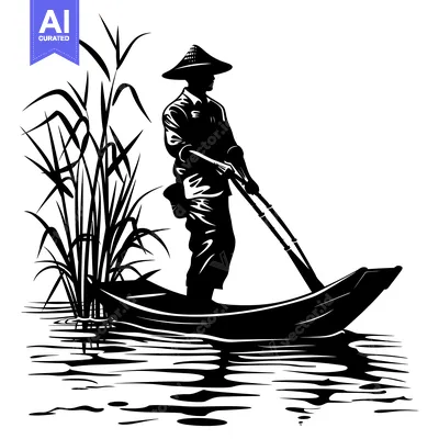 Aset desain premium: Silhouette of a Man in a Conical Hat Rowing a Boat Through Tall Grass