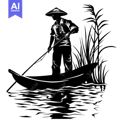 Aset premium populer: Silhouette of a Man in a Conical Hat Fishing From a Boat