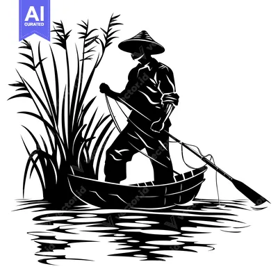 Aset desain premium: Silhouette of a Fisherman in a Conical Hat, Rowing a Boat in a Lake wi