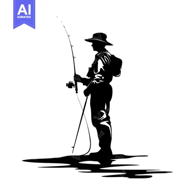 Aset desain premium: Silhouette of a Fisherman Holding a Fishing Rod by the Water