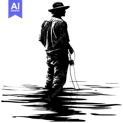 Aset premium populer: Silhouette of a Fisherman Standing in Water with a Rod and Reel