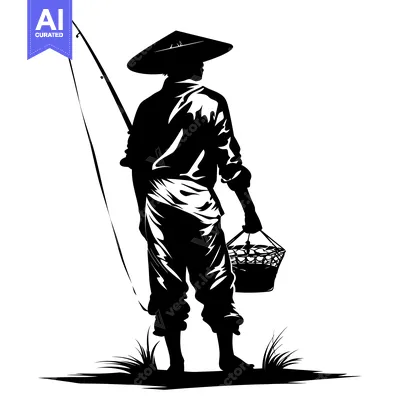 Aset desain premium: Silhouette of a Fisherman with a Fishing Rod, Hat, and Bucket