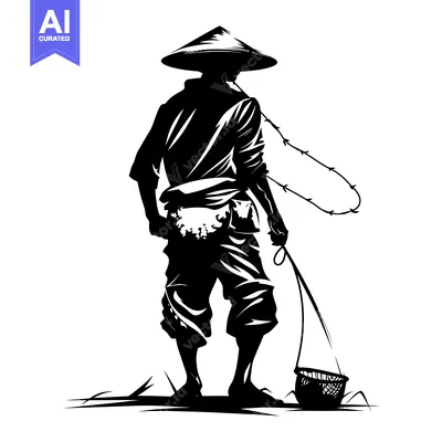 Aset premium populer: Silhouette of a Person in a Conical Hat Holding a Fishing Net