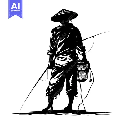 Aset desain premium: Silhouette of a Fisherman with a Conical Hat and Fishing Rod