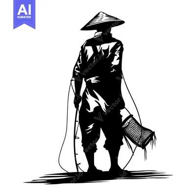 Aset desain premium: Silhouette of a Fisherman with a Conical Hat, Fishing Pole, and Net