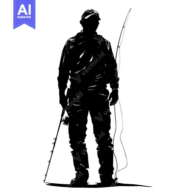 Aset desain premium: Silhouette of a Fisherman Holding a Fishing Rod
