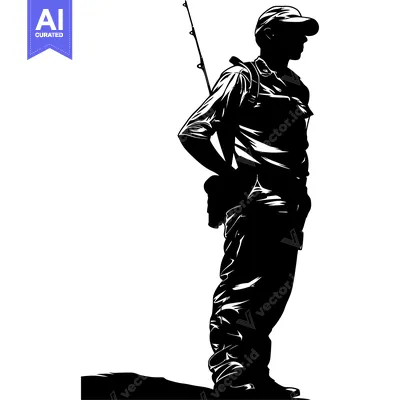 Aset premium populer: Silhouette of a Fisherman with a Fishing Rod and a Tackle Box