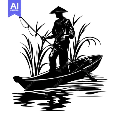 Aset desain premium: Silhouette of a Fisherman in a Boat with a Fishing Rod and a Conical H