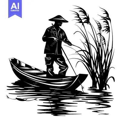 Popular premium asset: Silhouette of a Man Fishing from a Boat in a River