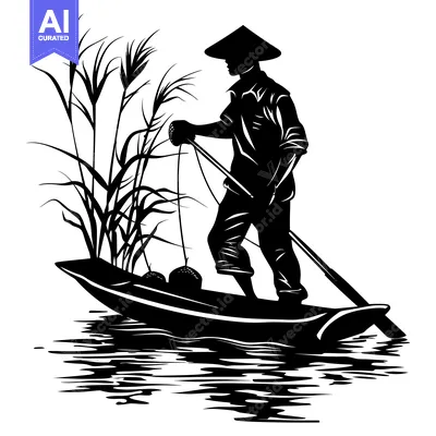 Popular premium asset: Silhouette of a Fisherman in a Boat with a Conical Hat and a Pole