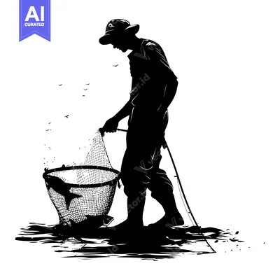 Silhouette of a Fisherman Holding a Net Full of Fish