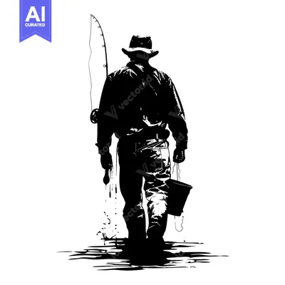 Premium design asset: Silhouette of a Fisherman Walking Away with a Fishing Rod and Bucket