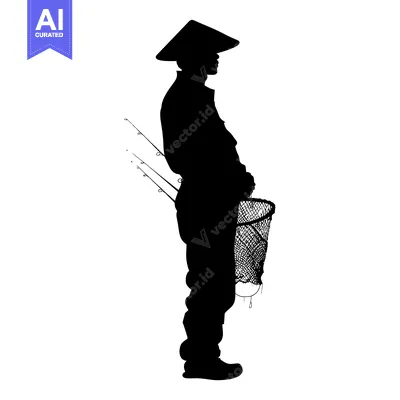 Aset desain premium: Silhouette of a Fisherman with a Conical Hat and Fishing Gear
