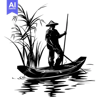 Popular premium asset: Silhouette of a Man in a Boat with a Pole, Navigating a Body of Water
