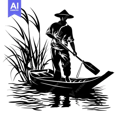Premium design asset: Silhouette of a Man Paddling a Boat Through Tall Grass