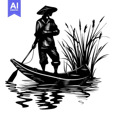 Aset desain premium: Silhouetted Figure in a Boat on a Body of Water with Reeds in the Back