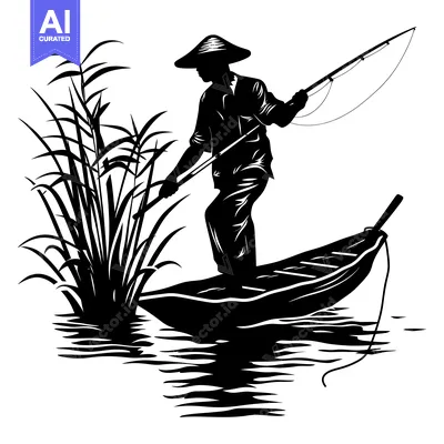 Aset desain premium: Silhouette of a Fisherman in a Boat with a Fishing Rod