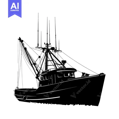 Aset desain premium: Silhouette of a Fishing Boat with Multiple Antennas and a Crane