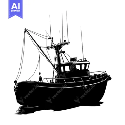 Aset desain premium: Black and White Silhouette of a Small Fishing Boat