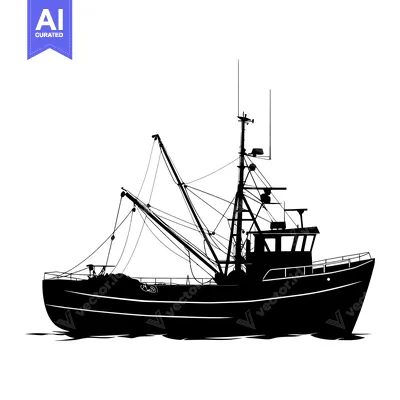 Aset premium populer: Black and White Silhouette of a Fishing Boat with Nets