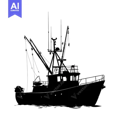 Silhouette of a Commercial Fishing Vessel with Raised Cranes