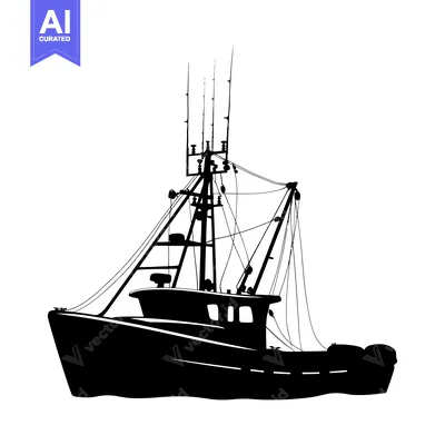 Aset desain premium: A Silhouette of a Large Fishing Boat on the Water