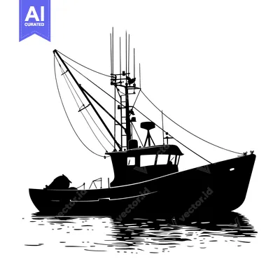 Aset desain premium: Silhouette of a Fishing Boat with a Mast and Multiple Wires