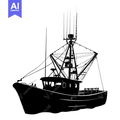 Aset premium populer: Silhouette of a Fishing Boat with Detailed Rigs and Equipment