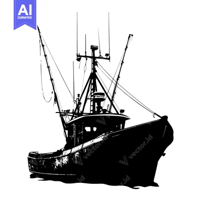 Aset desain premium: Black and White Silhouette of a Fishing Boat