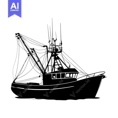 Silhouette of a Commercial Fishing Vessel with a Crane