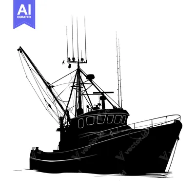 Silhouette of a fishing boat with masts and a crane