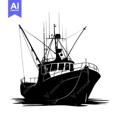 Premium design asset: A Silhouette of a Fishing Boat with a Tall Mast and Ropes