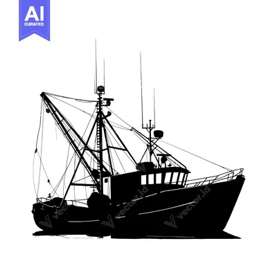 Aset desain premium: Black and white silhouette of a fishing boat with a crane