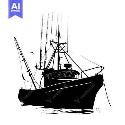Aset desain premium: Silhouette of a Fishing Boat with Multiple Masts and a Bird Flying Ove