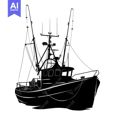 Black and White Silhouette of a Fishing Boat with Ropes