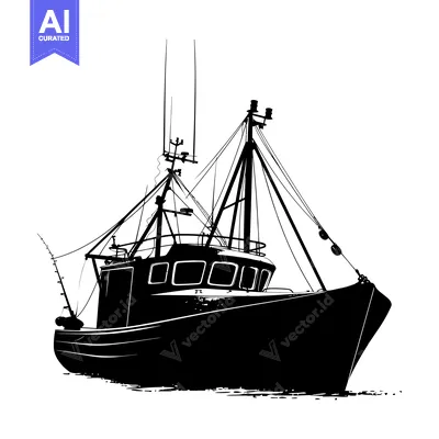 Aset desain premium: Silhouette of a Fishing Boat with Fishing Rods and Ropes