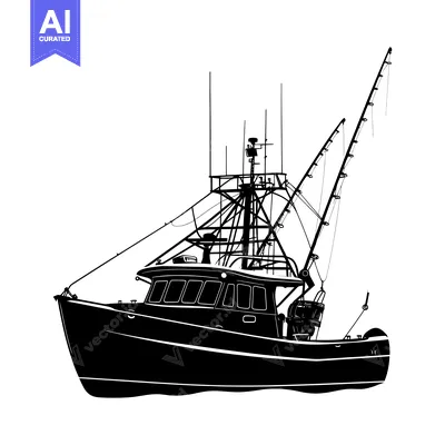 Aset desain premium: Black and White Silhouette of a Fishing Boat with Tall Masts
